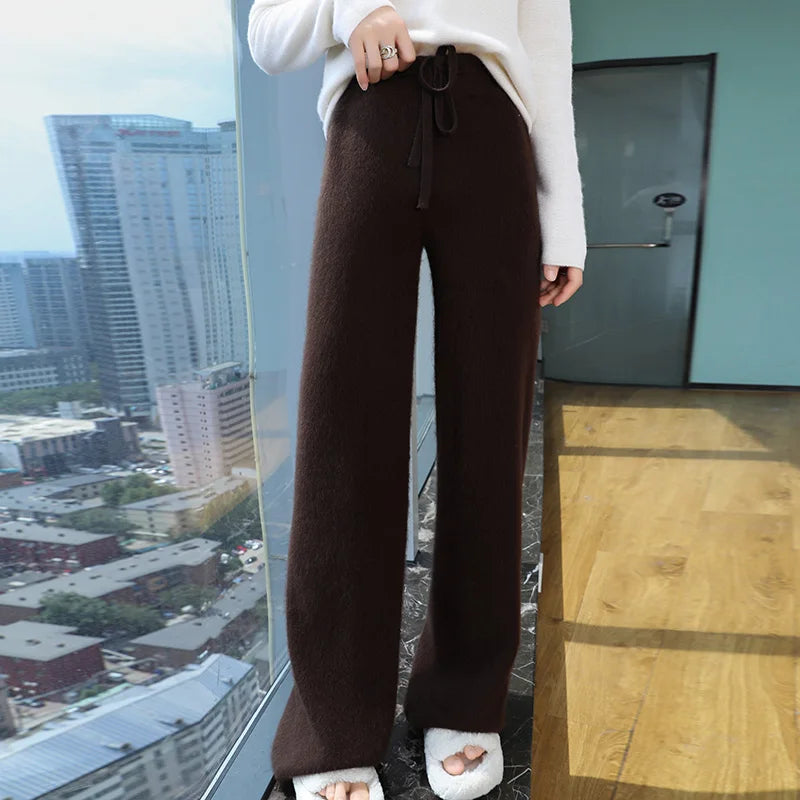 2024 Autumn/Winter New Mink Cashmere Wide Leg Pants for Women, Thickened, Warm, Loose, High Waist Strap up Vertical Casual Pants