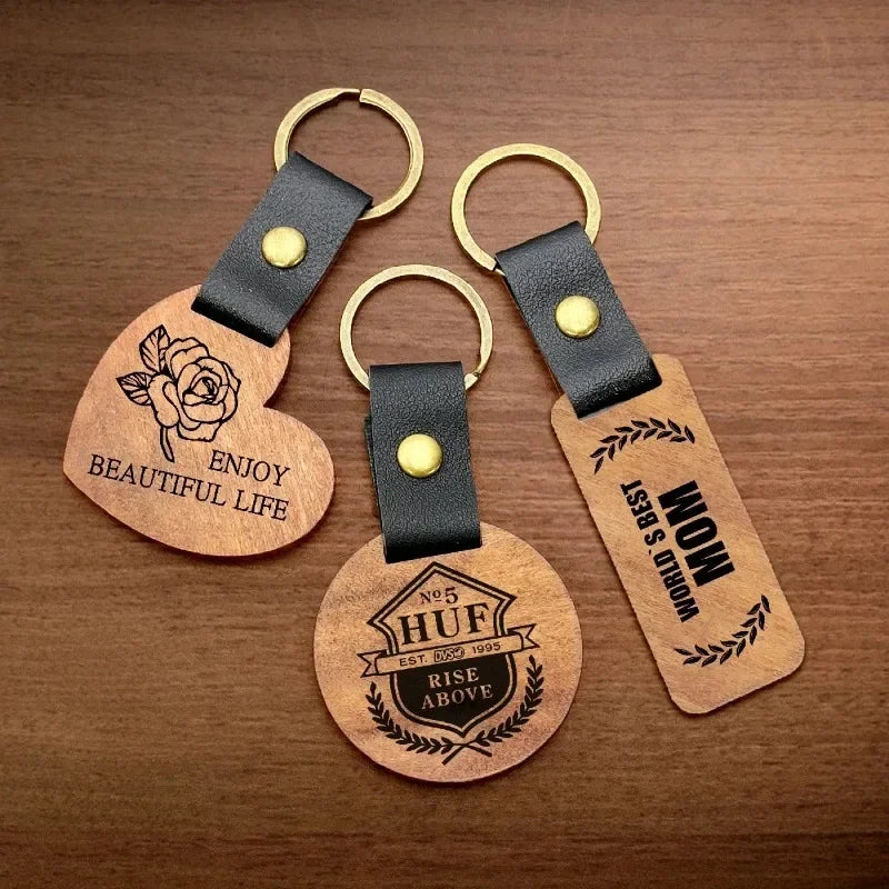 Customized PU Leather Wooden Keychain Blank DIY Wood Keyring Square Engraved Car Key Chains Retro for Friends Lovers Family Gift Valentines Gift