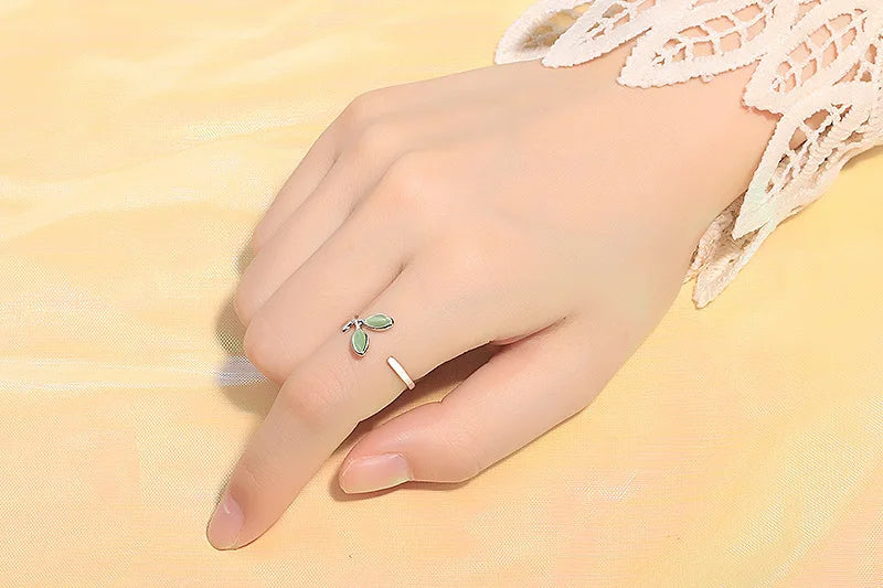 VENTFILLE Silver Color Leaves Ring for Women Girl Gift Cat's Eye Opal Sweet Temperament Branch Jewelry 925 Stamp Dropship