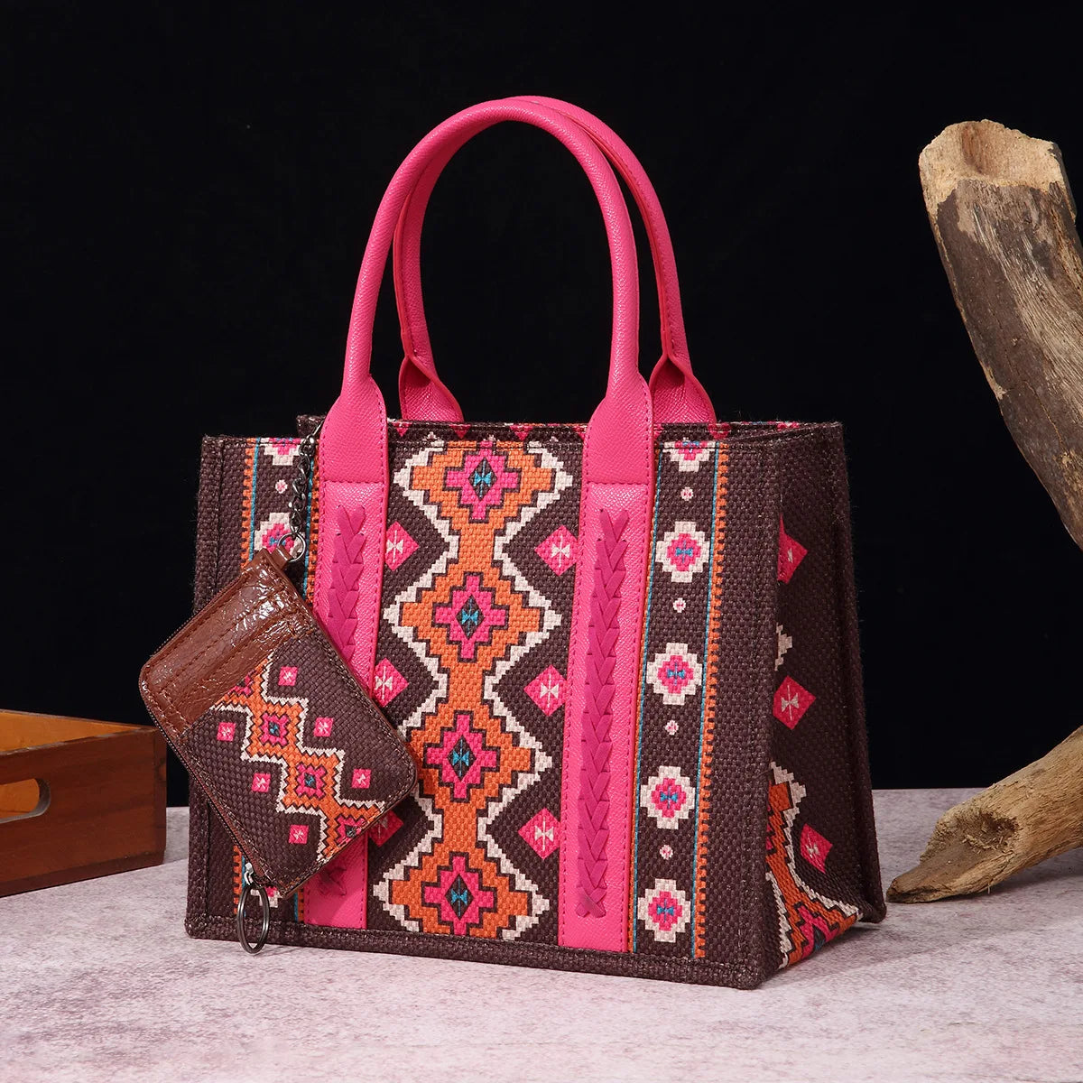 Retro Women Cotton Linen Handbag Large Capacity Western Boho Aztec Wide Shoulder Tote Bags with Coin Wallet Lady Bucket Purse