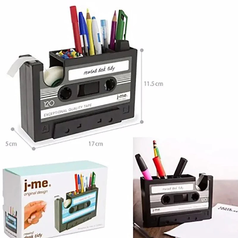 2 In 1 Multifunctional Pen Holder Creative Office Desk Stationery Organizer Retro Cassette Tape Dispenser Pen Holder Gift