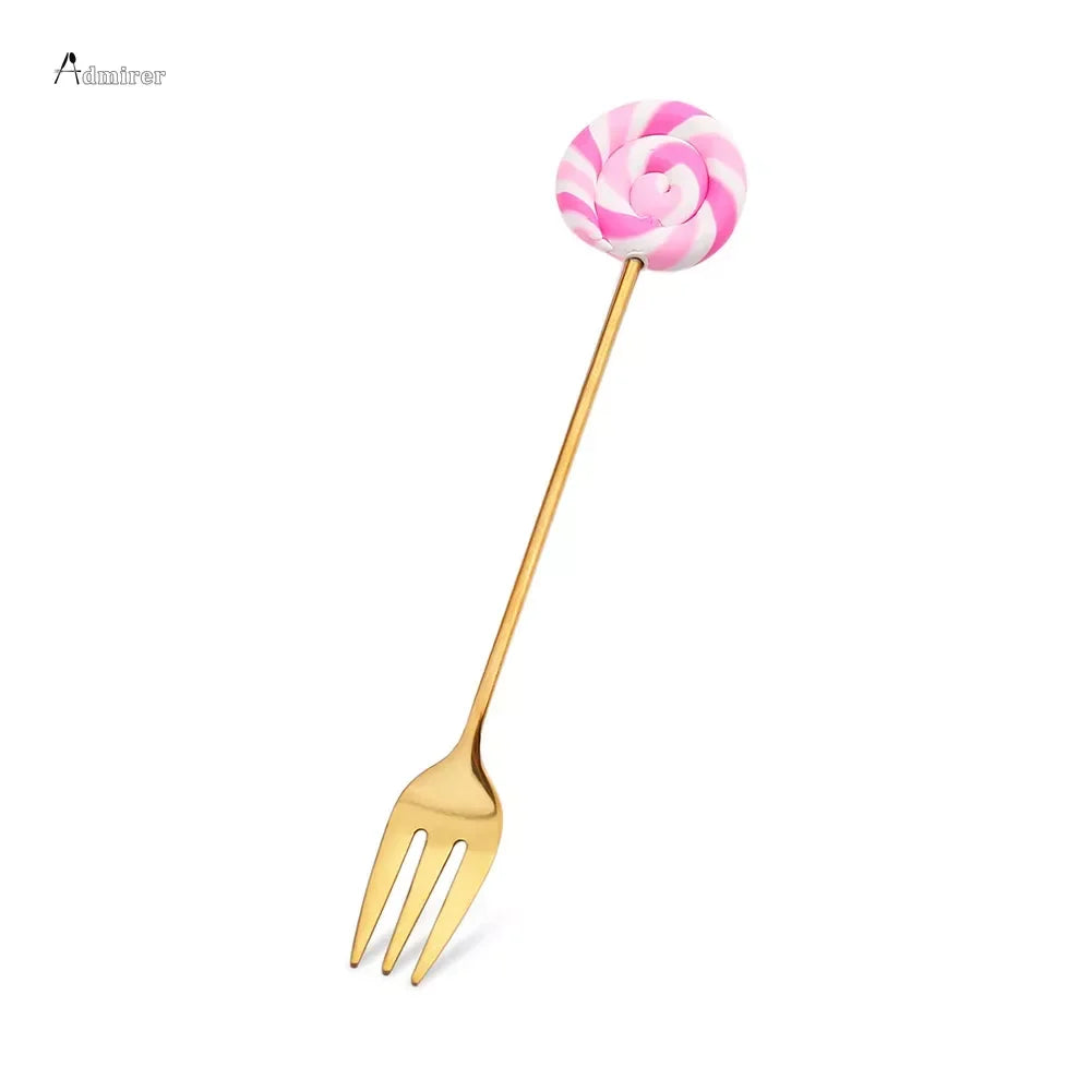 Stainless Steel Spoon Fork Cute Version Rainbow Lollipop Donut Macaron Dessert Spoons Fruit Forks Kids Set Kitchen Accessories