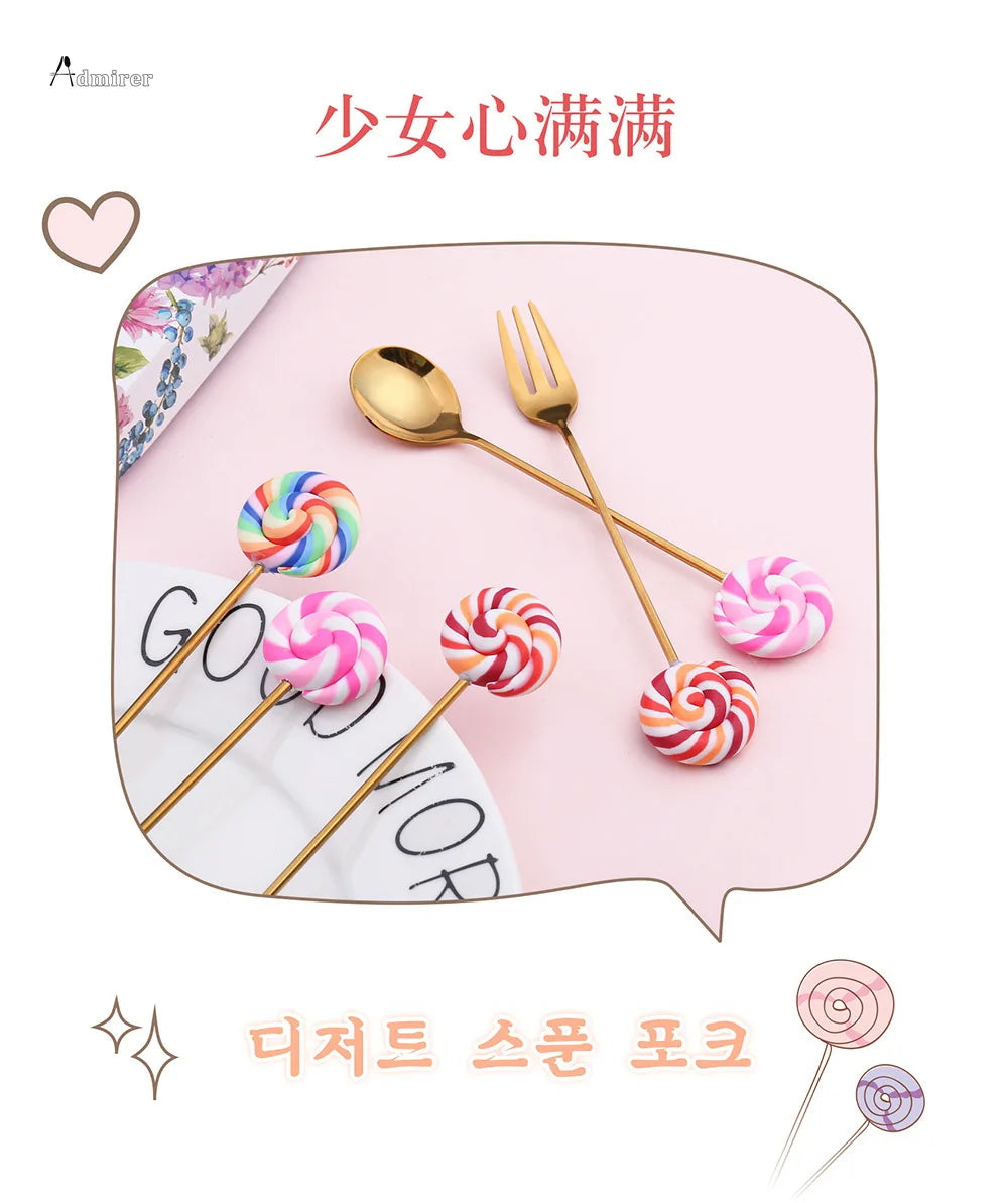 Stainless Steel Spoon Fork Cute Version Rainbow Lollipop Donut Macaron Dessert Spoons Fruit Forks Kids Set Kitchen Accessories