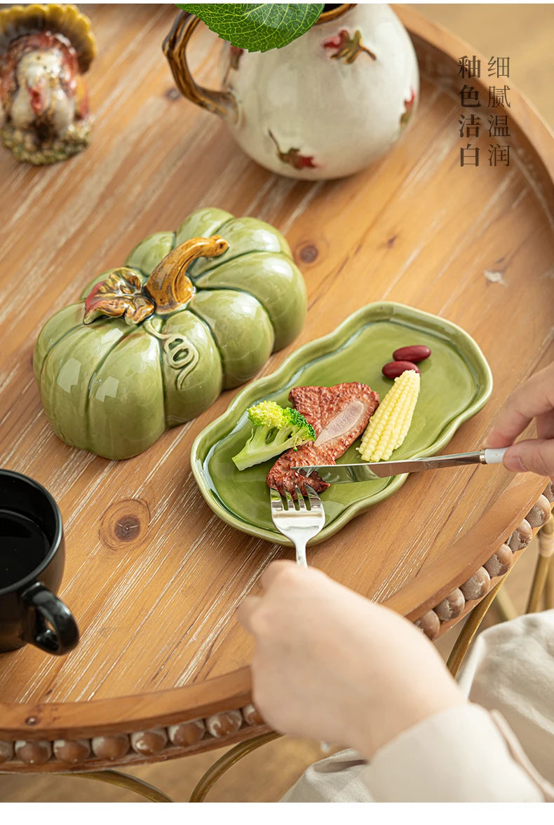 Cute and Novel Pumpkin with Lid Ceramic Dining Plate Snack Plate Kitchen Utensils Restaurant Utensils New Year's Festival Gifts