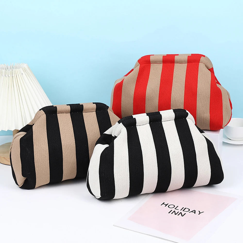 Women Knit Stripe Purse Contrast Color Small Crochet Handbag Knitting Dumpling Clutch Summer Beach Bag