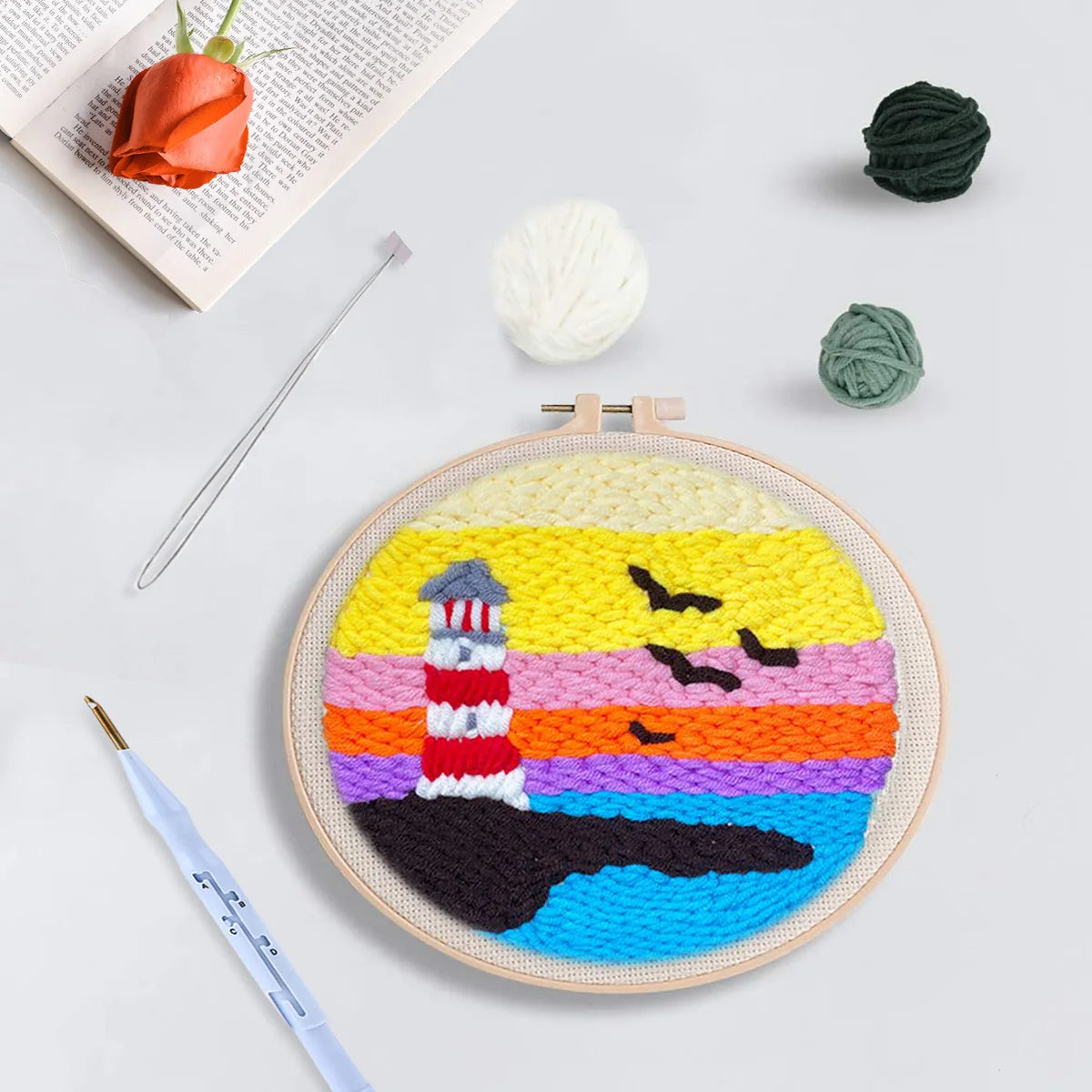 RUOPOTY Diy Punch Needle Embroidery Starter Kits For Beginner Kids Lighthouse Handicrafts Poking Embroidery Yarn Painting Arts