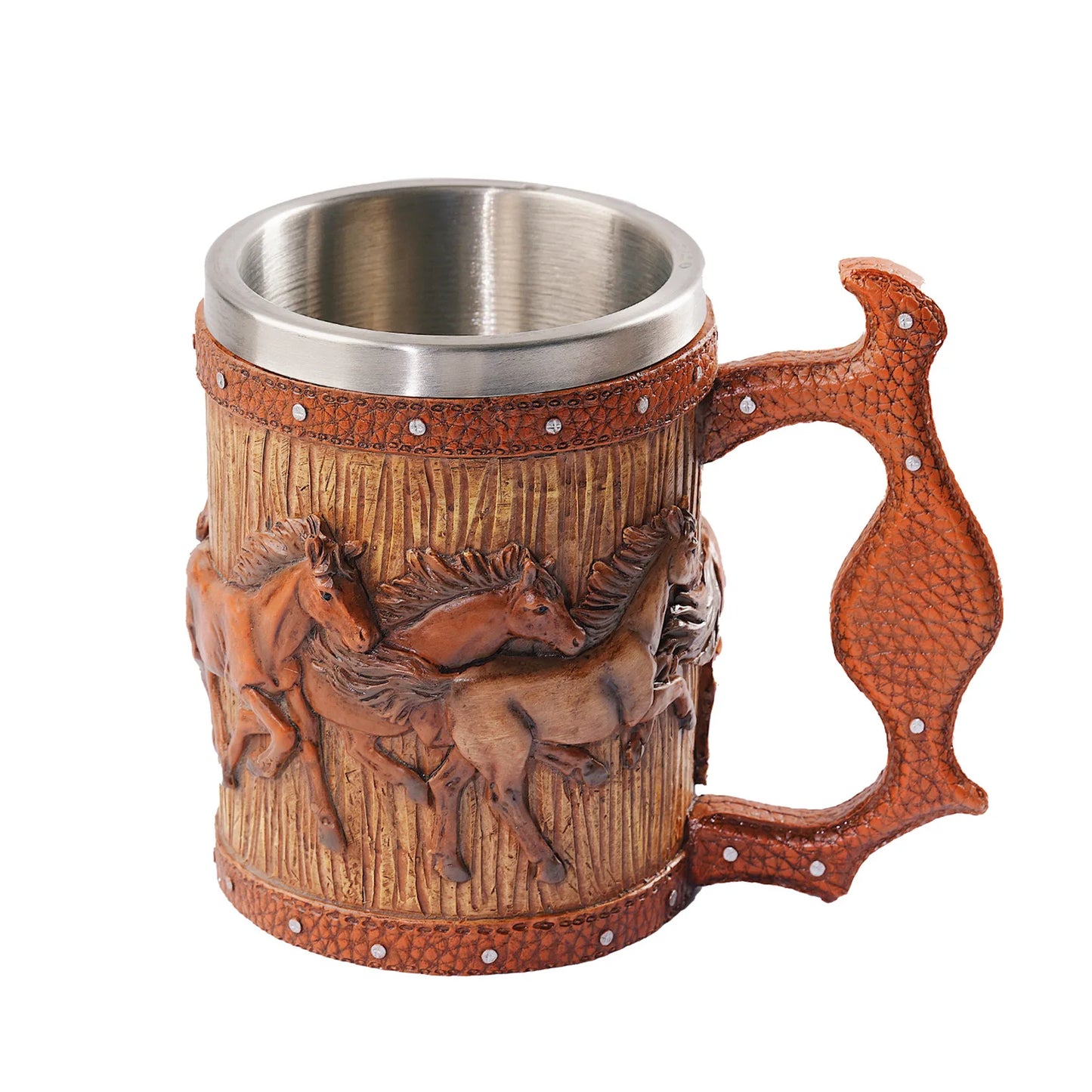 3D Handmade Beer Mug Wood Stainless Steel Cup Running Horses Simulation Wooden Barrel Double Wall Vintage Bar Accessories