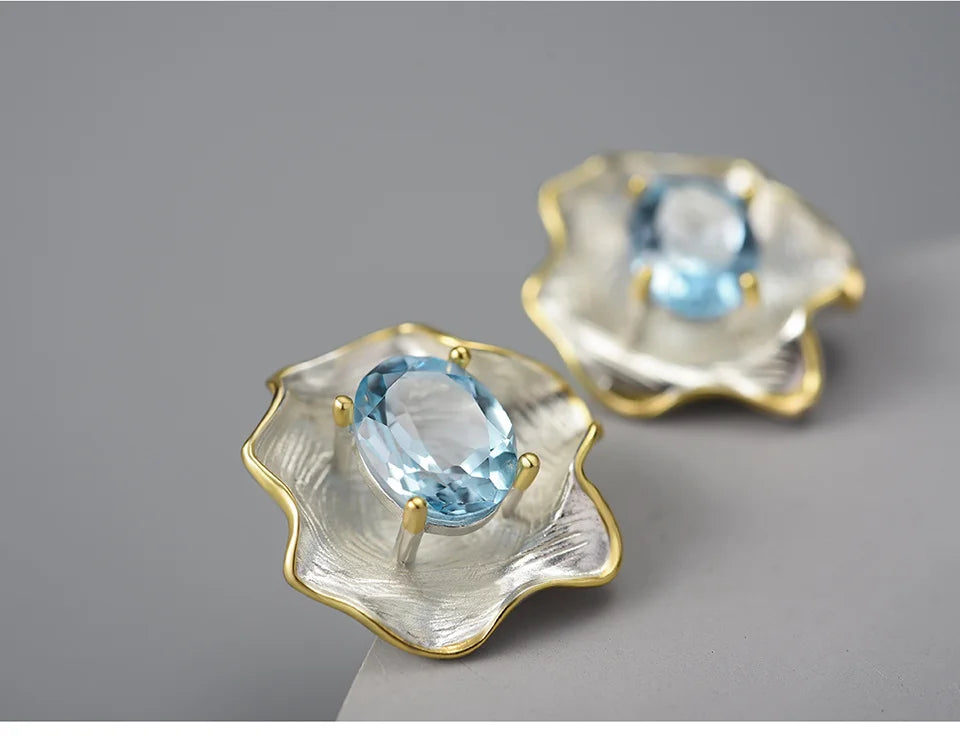 Lotus Fun Natural Topaz Gemstone Curled Leaf Stud Earrings for Women 925 Sterling Silver Vintage Baroque Style Luxury Jewelry