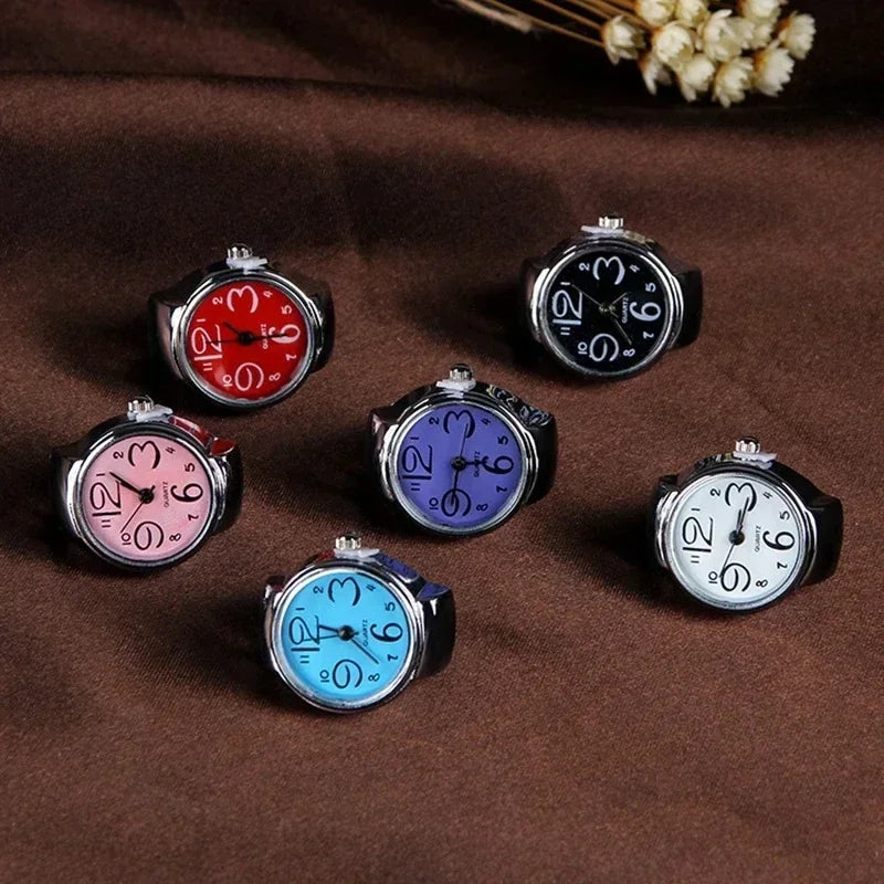 Punk Vintage Finger Watch Mini Elastic Strap Alloy Watches Couple Rings Jewelry Clock Retro Roman Quartz Watch Rings Women Men