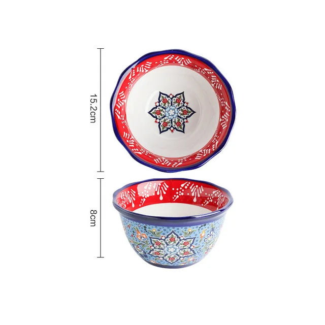 Creative Bowl Ceramic Bohemian Hand-Painted Rice Bowl  Instant Noodle Bowl Household Fruit Salad Bowl Kitchen Tableware