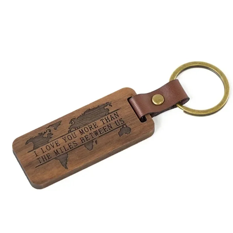 Customized PU Leather Wooden Keychain Blank DIY Wood Keyring Square Engraved Car Key Chains Retro for Friends Lovers Family Gift Valentines Gift