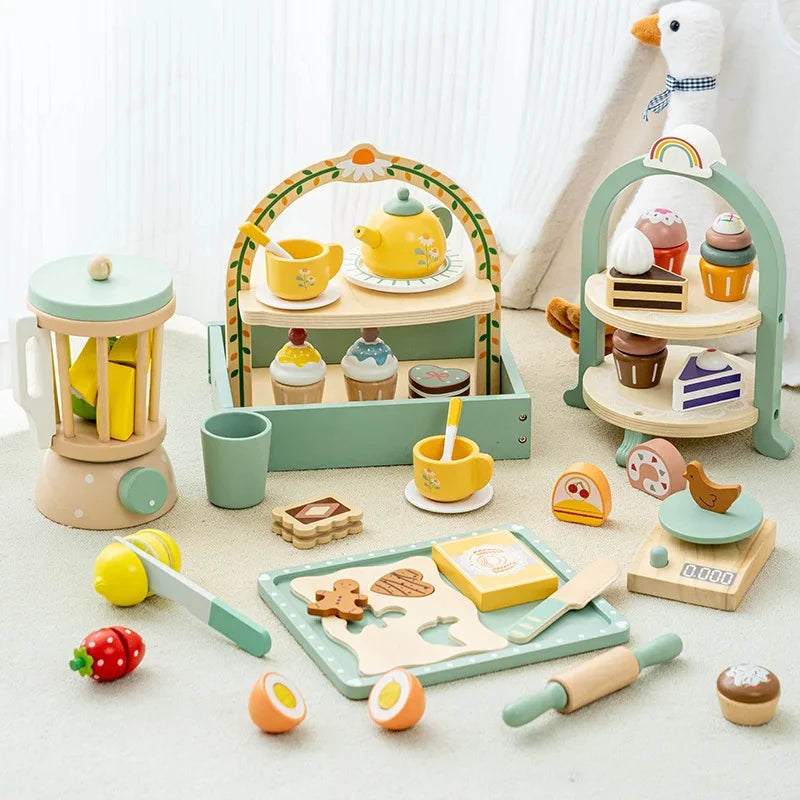 Wooden Kitchen Pretend Play Toy Tea Party Set for Little Girls Coffee Maker Set Cake Ice Cream Tea Playset for 3 4 5 6 Ages Girl