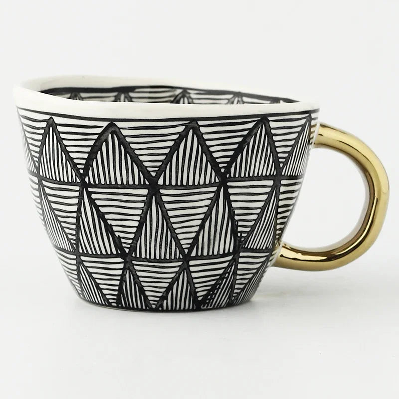 Hand Painted Geometric Ceramic Mugs With Gold Handle Handmade Irregular Cups For Coffee Tea Milk Oatmeal Creative Birthday Gifts