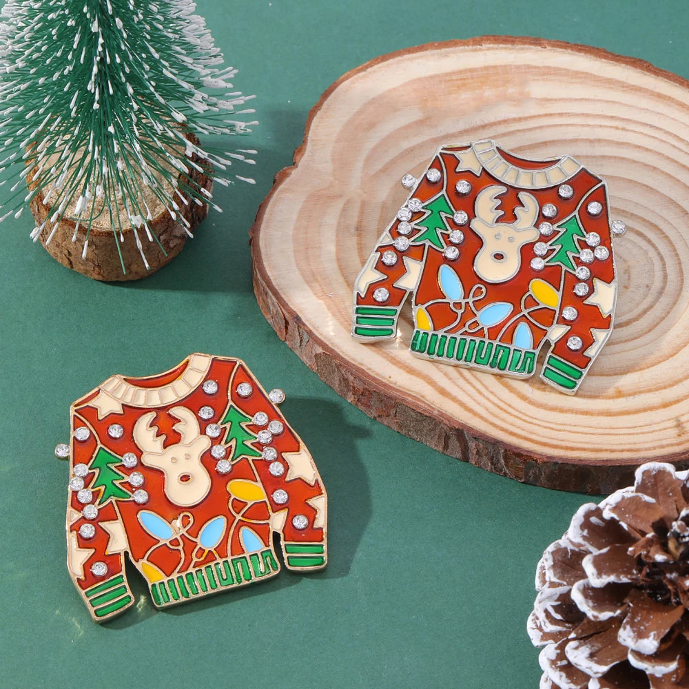 Vintage Ugly Christmas Sweater Brooches Cute Reindeer Crystal Rhinestone Xmas Jumpers Pins for Women Holiday Gift Wholesale