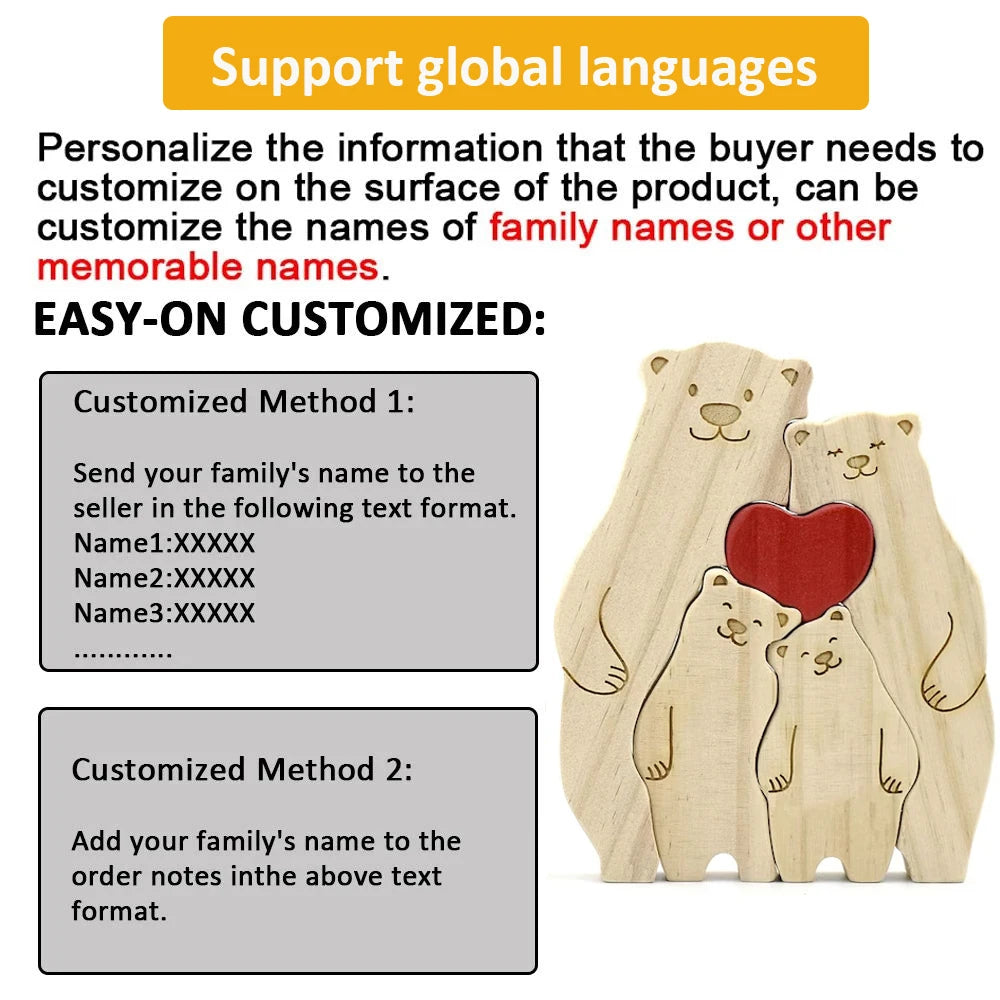 2024 Family Wooden Lovely Bears Puzzle Personalized Family Names Hug Bears Ornaments Christmas Gift Wooden Figurines Home Decor Valentines