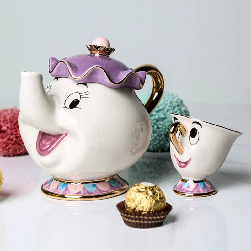 Disney Teapot Cute Cartoon Beauty And The Beast Coffee Pots Mug Mrs Potts Chip Cup Tea Pots Cup One Tea Sets Gift Droshipping