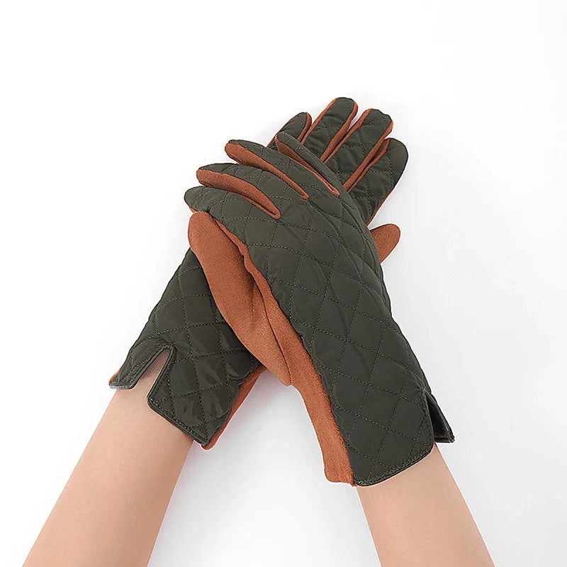 Women's Contrasting Suede Leather Plus Velvet Thicken Touch Screen Driving Warm Gloves For Sports Winter Outdoor Ski Coldproof