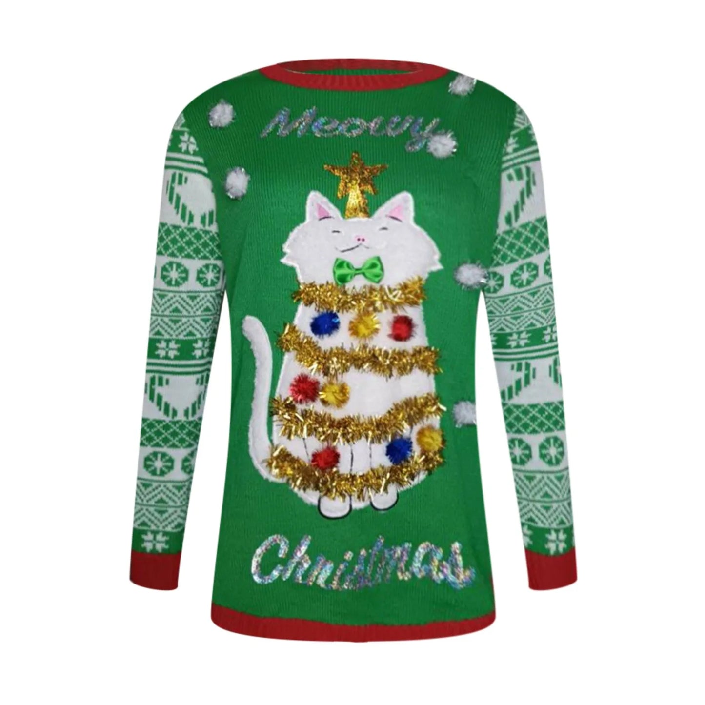 Sweater Women Christmas 2024 Ugly Sweater New Cartoon Cat Print O-Neck Autumn Winter Thick Loose Knitwears Tops Xmas Pullover