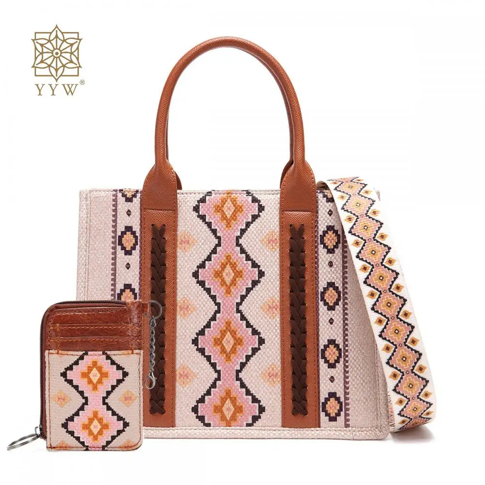 Retro Women Cotton Linen Handbag Large Capacity Western Boho Aztec Wide Shoulder Tote Bags with Coin Wallet Lady Bucket Purse