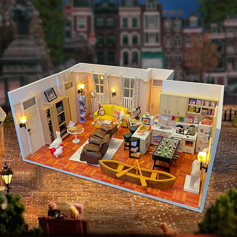 DIY Wooden Joey‘s Apartment Casa Miniature Building Kits Bookend With Lights Assembled Bookshelf Home Decoration Friends Gifts