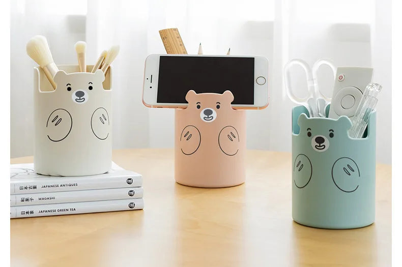 Kawaii Bear Pen Pencil Pot Holder Brush Storage Container Desk Organizer Multifunction phone holder Stationery Office Supplies