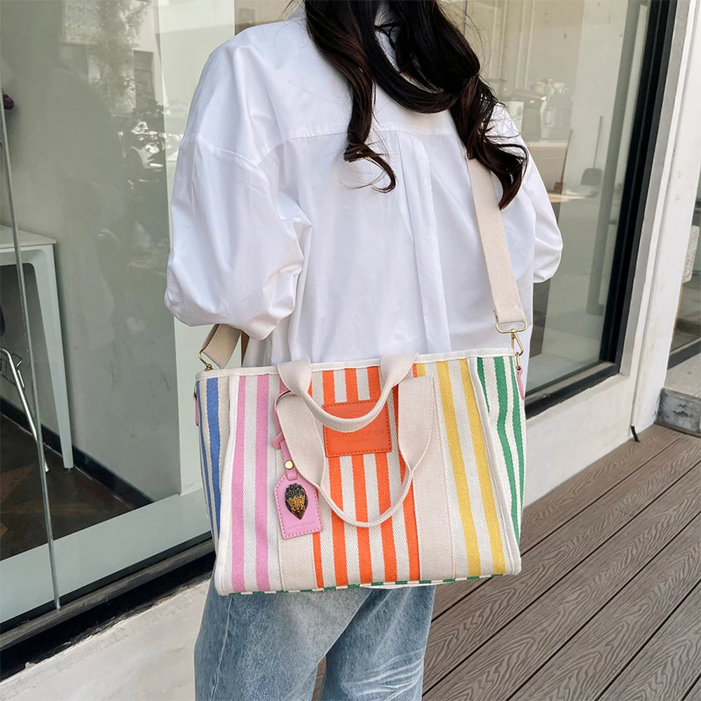 Summer Fashion Beach Bag Colorful Stripe Canvas Bag Handheld Tote Bag Women's Leisure Vacation One Shoulder Crossbody Bag-ll