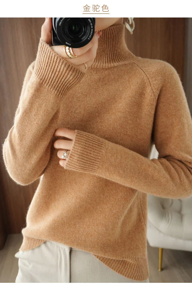 Fashion Basic Autumn Winter  Merino Wool Sweater Mock Neck Cashmere Pullover  Solid Color Soft Long Sleeve Clothing Tops