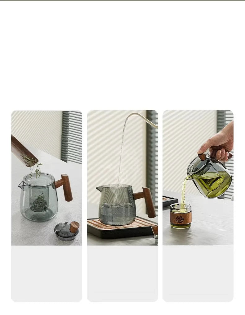 GIANXI 530ml Heat-Resistant Glass Teapot With Walnut Handle Chinese Drain/Storage Tea Tray Home Hospitality Kung Fu Tea Set