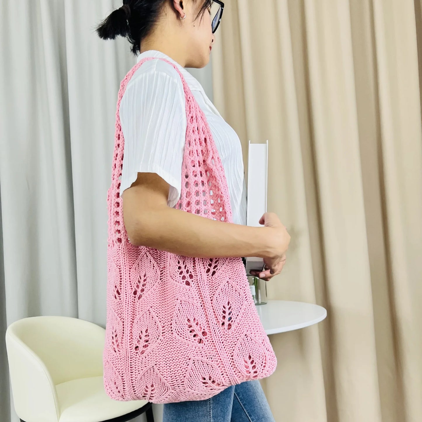 Knitted Handbags Beach Bags Lightweight Students Shoulder Casual Tote Female Style Shopping Woven Bags For Women Girls