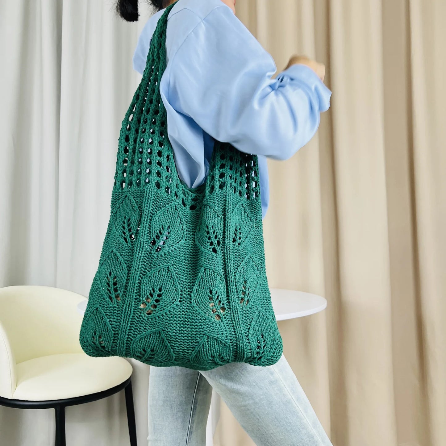 Knitted Handbags Beach Bags Lightweight Students Shoulder Casual Tote Female Style Shopping Woven Bags For Women Girls