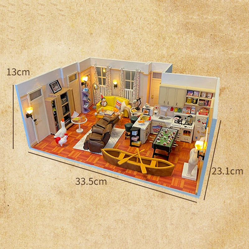 DIY Wooden Joey‘s Apartment Casa Miniature Building Kits Bookend With Lights Assembled Bookshelf Home Decoration Friends Gifts