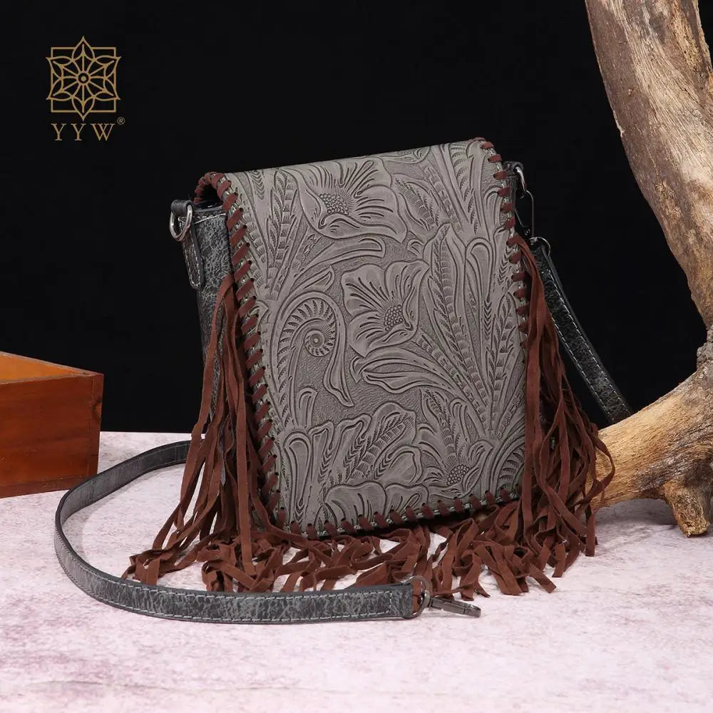 Small Vegan Leather Cowhide Women's Crossbody Handbag with Tassel Wrangler West Fringe Purse for Women Shoulder Bag Tooled Aztec