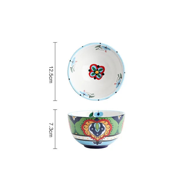 Creative Bowl Ceramic Bohemian Hand-Painted Rice Bowl  Instant Noodle Bowl Household Fruit Salad Bowl Kitchen Tableware