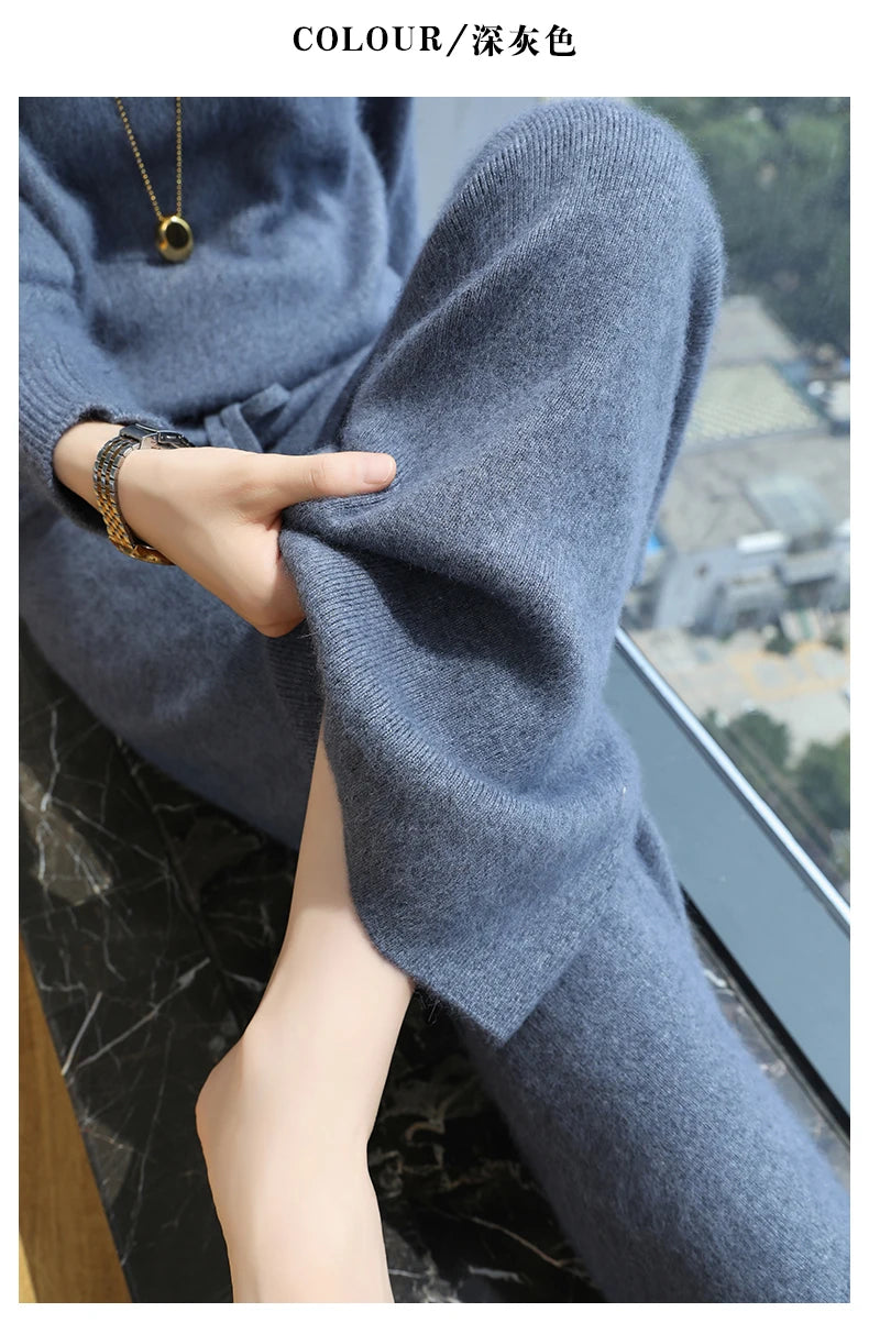 2024 Autumn/Winter New Mink Cashmere Wide Leg Pants for Women, Thickened, Warm, Loose, High Waist Strap up Vertical Casual Pants