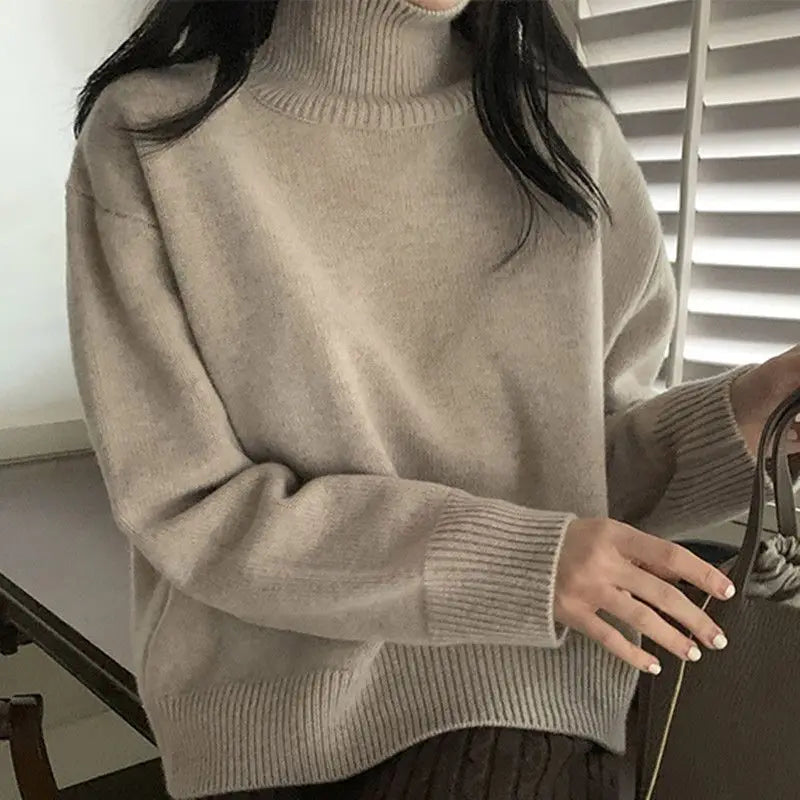 Turtleneck Cashmere Sweater Women Korean Style Oversized Knitted Pullovers Autumn Winter Casual Loose Solid  Sweater 2024