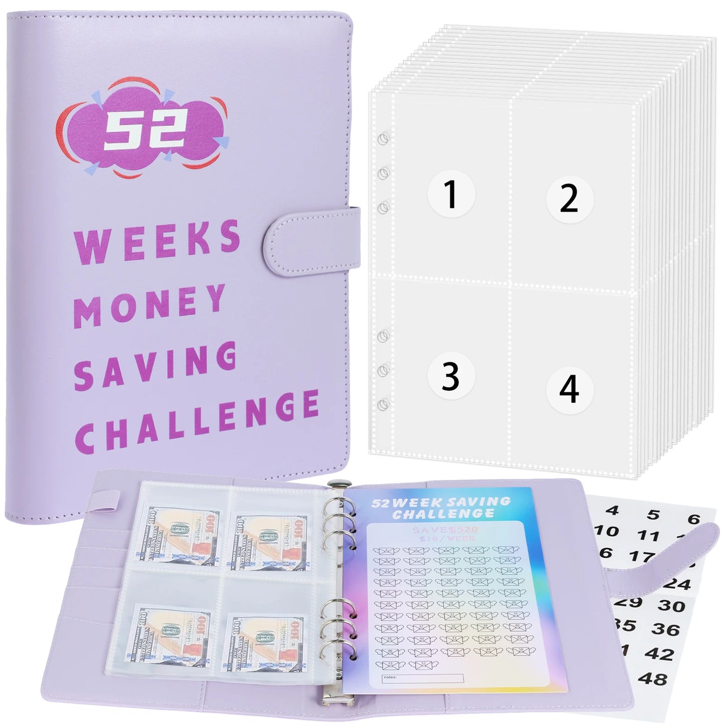 52 Week Money Saving Challenge Binder Reusable PU Budget Binder Book with Cash Envelopes and Stickers Money Saving Binder