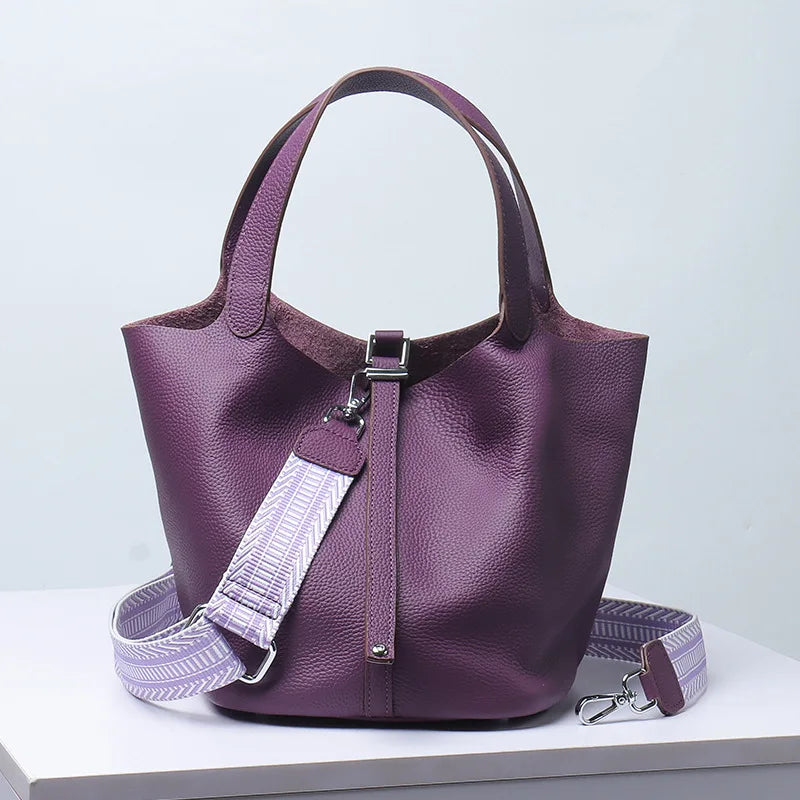 Various Genuine Leather Luxury Bag Fashion Women's Handbag Vegetable Basket Style Portable Women Bucket Bag with Lock