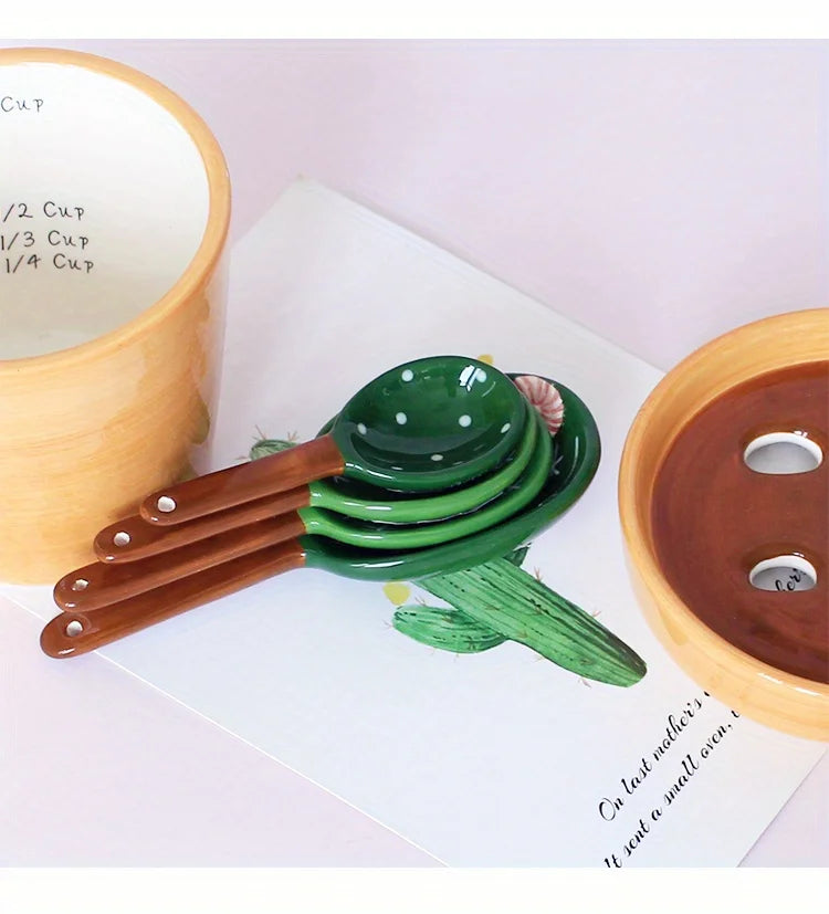 1set Ceramic Cactus Measuring Spoons Set Adorable Functional Kitchen Utensils with Holder Cup Unique Home Ornament Measuring Cup