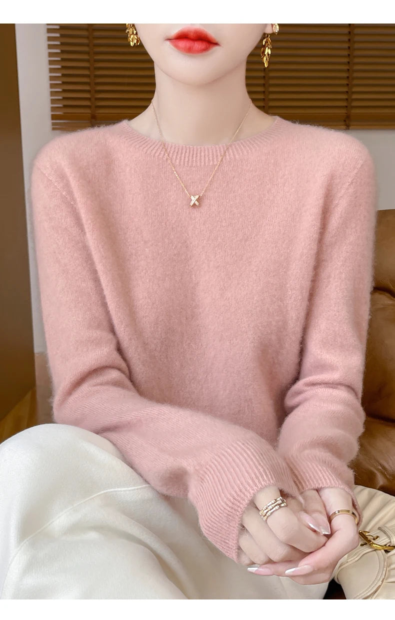 Autumn Winter Women Clothing O-Neck Pullover 100% Merino Wool Sweater New Fashion Cashmere Tops Bottoming Long Sleeve Knitwear