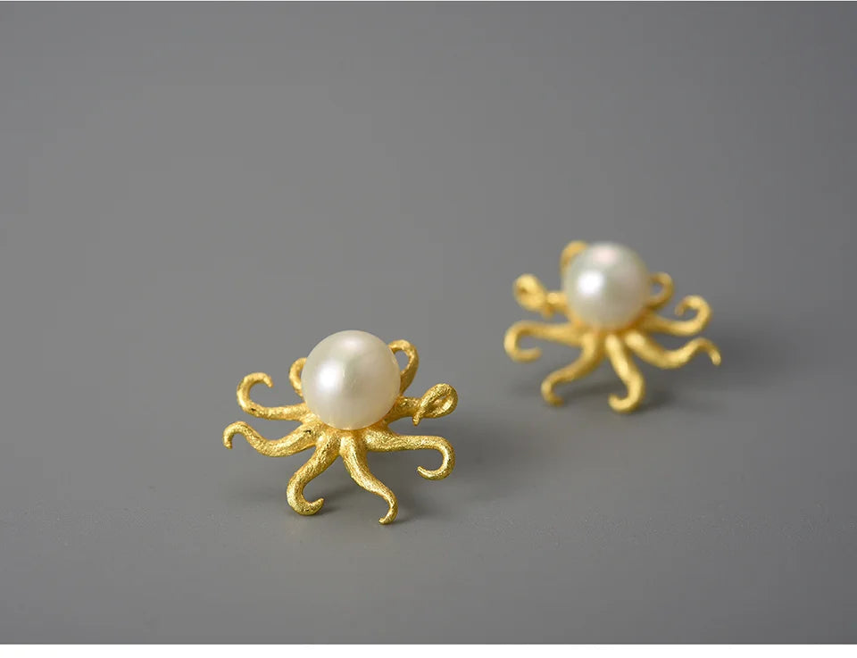 Lotus Fun Creative Octopus Natural Pearl Stud Earrings for Women Real 925 Sterling Silver Original Statement Luxury Fine Jewelry