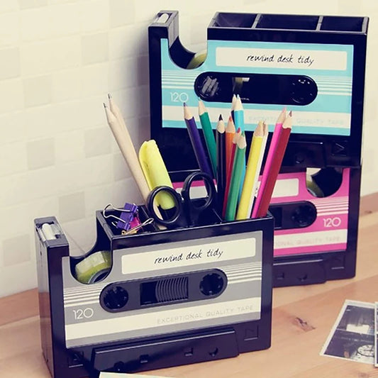 2 In 1 Multifunctional Pen Holder Creative Office Desk Stationery Organizer Retro Cassette Tape Dispenser Pen Holder Gift