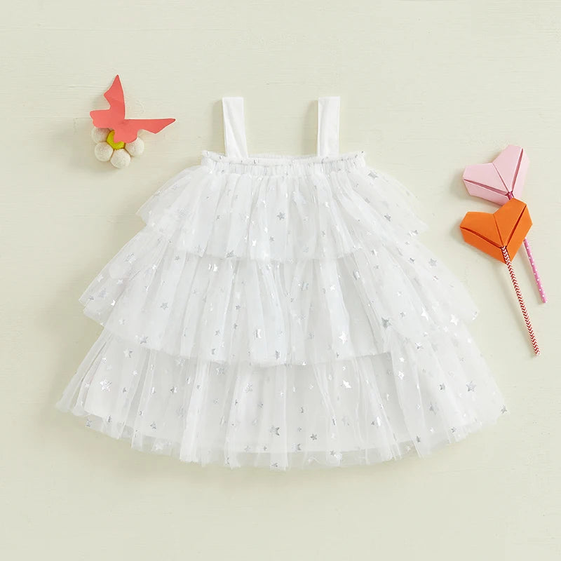 Kids Girl Fashion Valentine Day Dress Star Print Square Neck Sleeveless Layered Tulle Dress with 3D Heart for 1-9 Years Valentines Gift