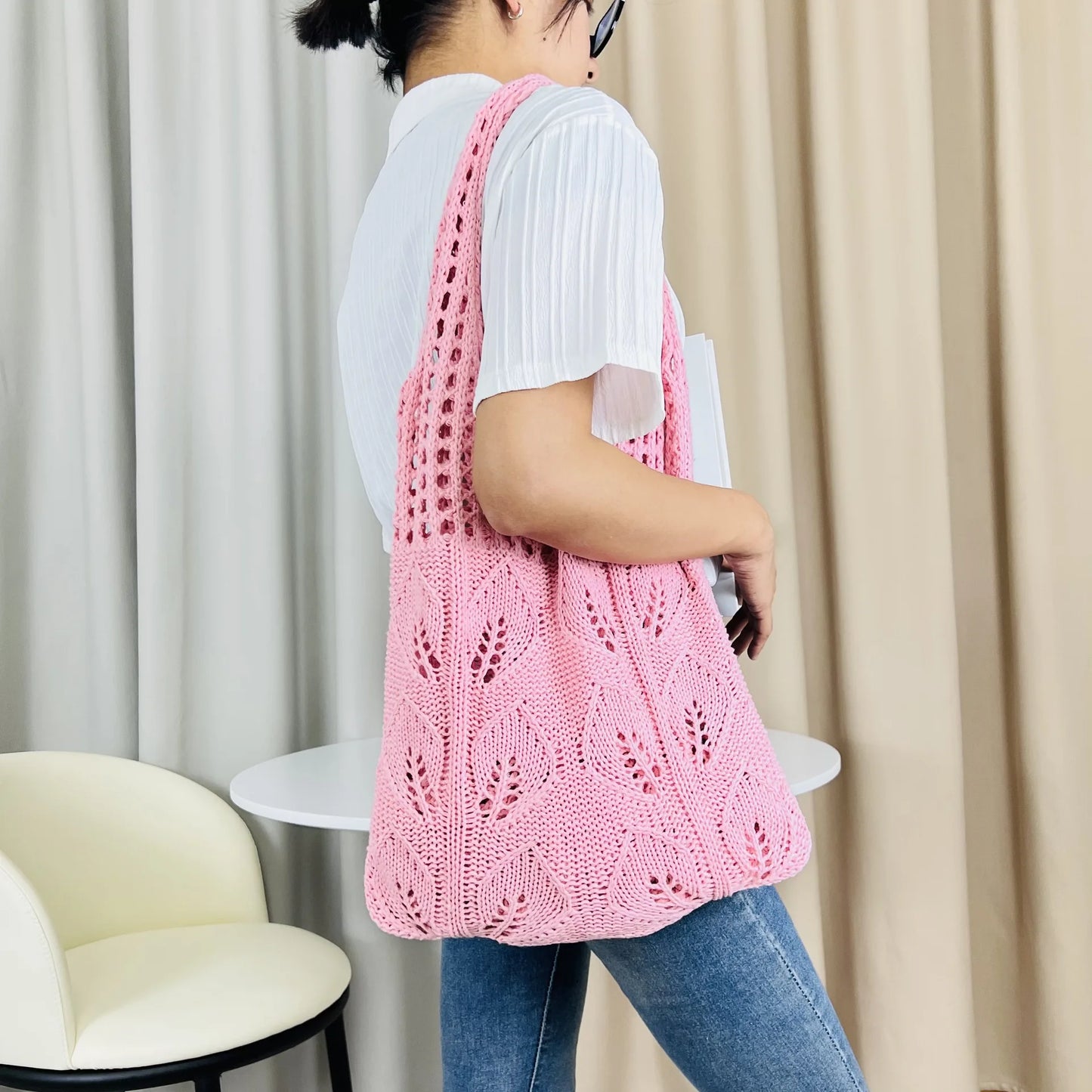 Knitted Handbags Beach Bags Lightweight Students Shoulder Casual Tote Female Style Shopping Woven Bags For Women Girls