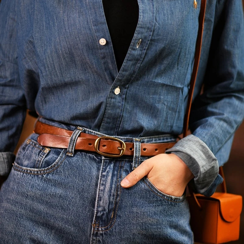 Retro Narrow Genuine Leather Women's Belt Pure Copper Button Western Cowboy Style Versatile Jeans Belt Fashion Luxury Women Belt