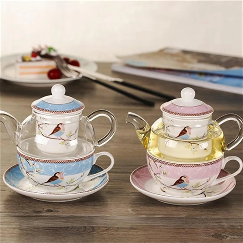 Ceramic Flower Teapot Flower Bird Cup Saucer Heat-Resistant Glass Pot Set Coffee Cup Afternoon Tea Tea Set