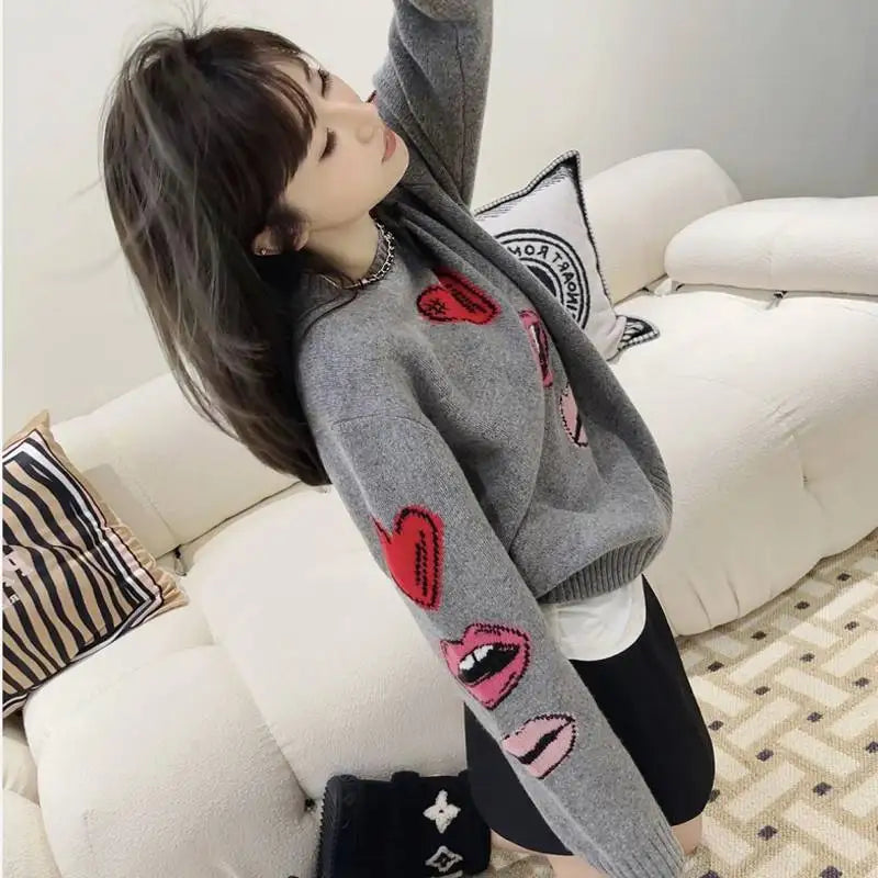 Autumn And Winter New Wool Pullover Women's Round Neck Loose Set Love Lips Sweater Cashmere Knit Bottoming Shirt