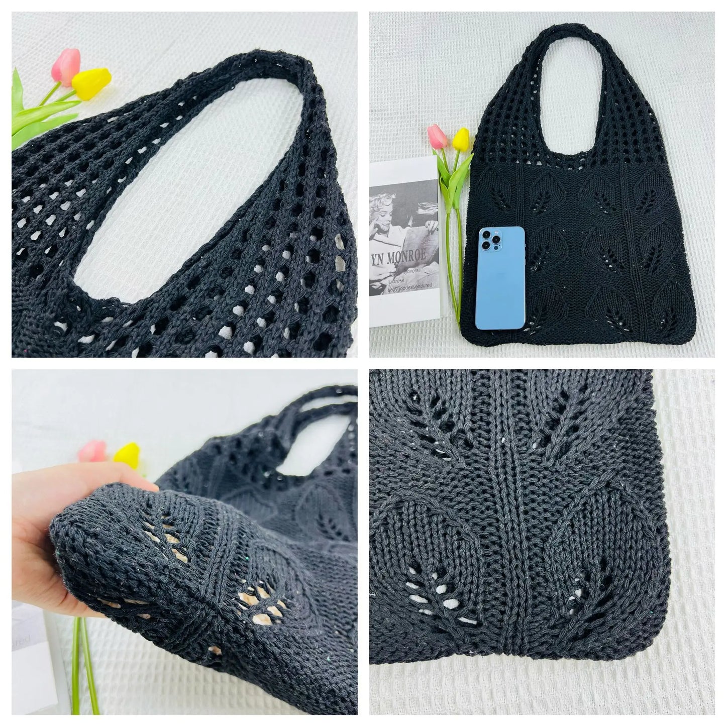 Knitted Handbags Beach Bags Lightweight Students Shoulder Casual Tote Female Style Shopping Woven Bags For Women Girls