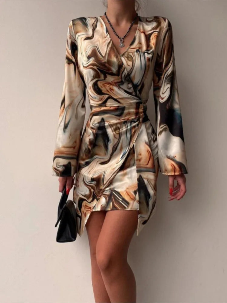 Women's Autumn New Long Sleeved Fashionable Printed Pleated Dress Sexy V-neck Irregular Casual Short Dress For Women