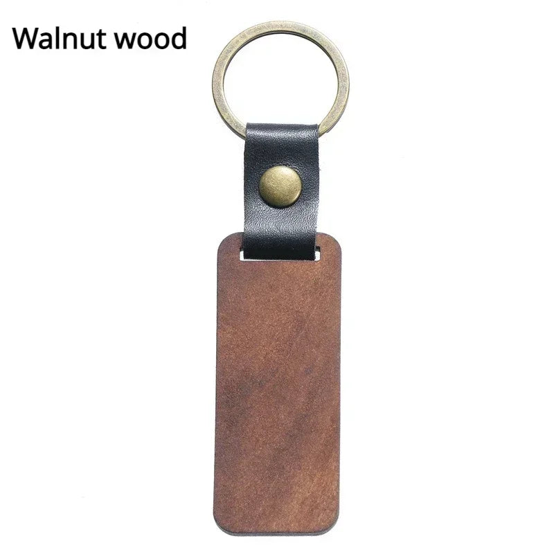 Customized PU Leather Wooden Keychain Blank DIY Wood Keyring Square Engraved Car Key Chains Retro for Friends Lovers Family Gift Valentines Gift