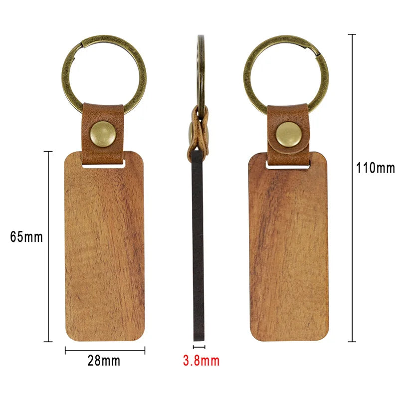 Customized PU Leather Wooden Keychain Blank DIY Wood Keyring Square Engraved Car Key Chains Retro for Friends Lovers Family Gift Valentines Gift